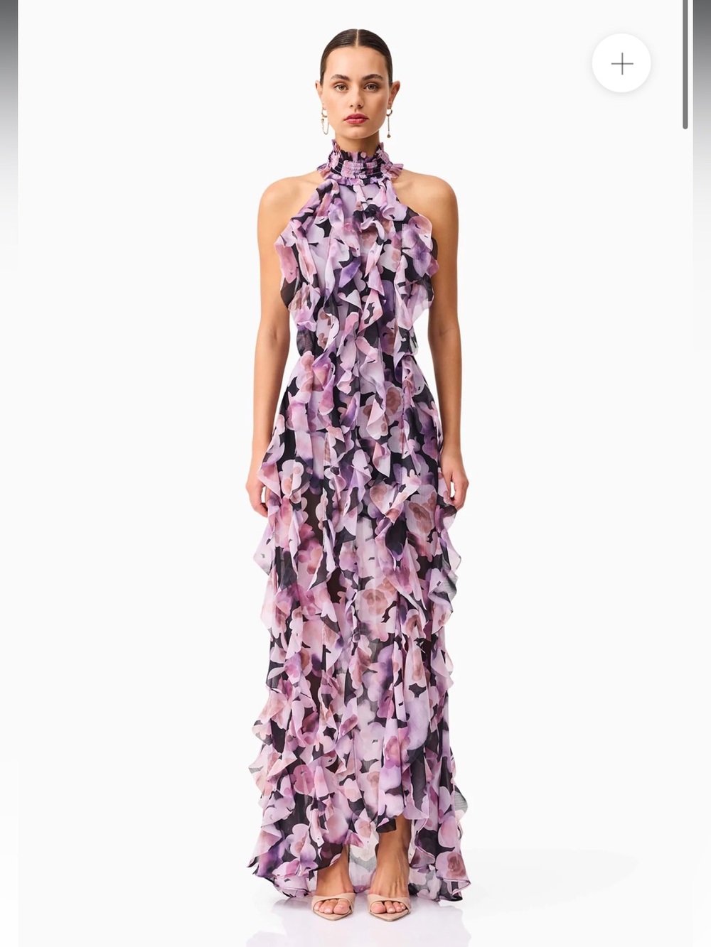 elliatt solene purple & black floral print halter tiered maxi gown dress medium - Picture 13 of 13